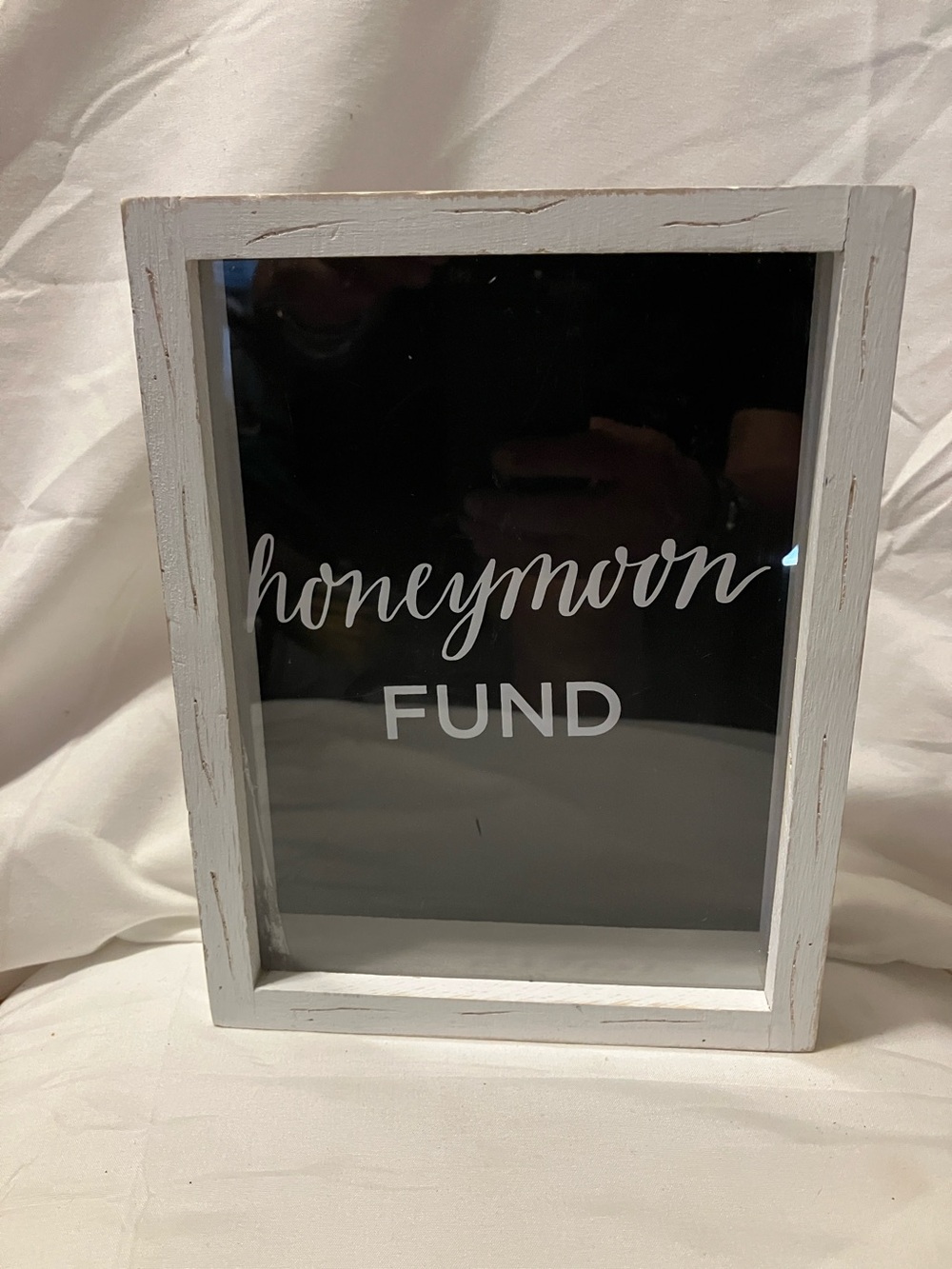 Fun white wood “ Honeymoon Fund “ bank to get your fiance ready n save for event